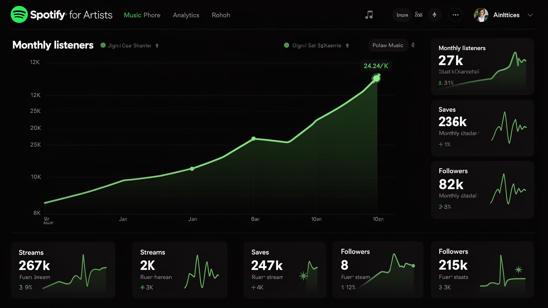 Spotify for Artists analytics dashboard showing monthly listener growth